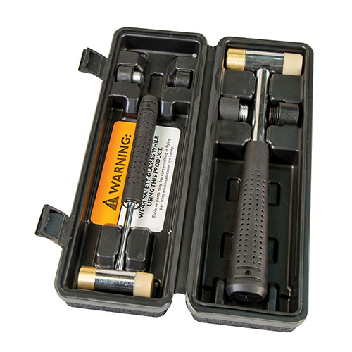 Entdecke das Wheeler Master Gunsmith Interchangeable Hammer Set 🛠️ mit 2 Hammerkörpern und 8 Köpfen aus Metall, Messing, Nylon und Gummi!