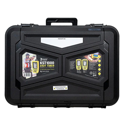 Das Kestrel KST1000 Shot Timer Match Pack bietet 10 robuste Timer in einem wasser- und staubdichten Transportkoffer, ideal für Training und Wettkämpfe.