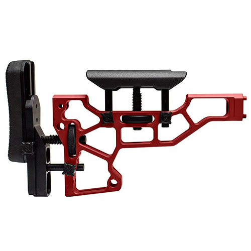 Erlebe den Komfort des MDT Rifle Stock in Rot! 🔴 Werkzeuglose Anpassung für perfekte Passform auf ACC/ESS Chassis. Schießposition optimieren!