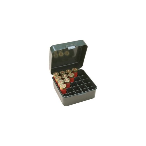 Entdecke die MTM Patronenbox für 25 Schüsse. Ideal für 12 und 20 Gauge bis zu 3in. Perfekt für deine nächste Jagd! 🎯