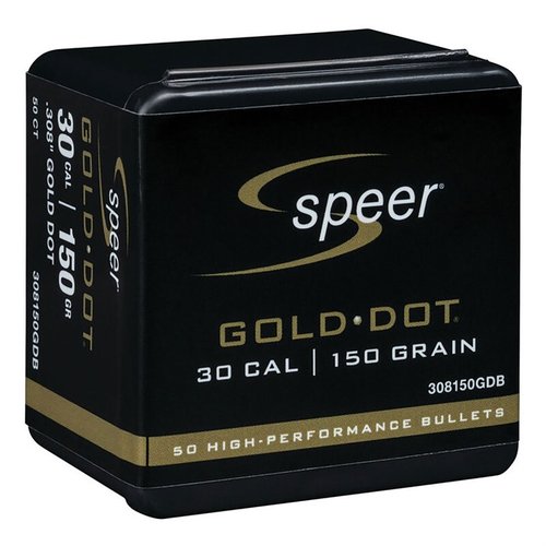 Entdecke die Speer Gold Dot 30 Caliber (0.308") 150gr Soft Point Geschosse für präzise und zuverlässige Leistung. 🚀 Perfekt für deinen Schutz!