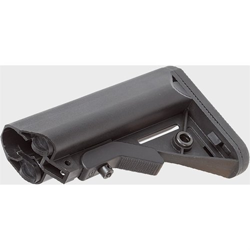 Der LMT SOPMOD Buttstock bietet einen rutschfesten Gummipolster, verbesserten Wangenauflage, wasserdichte Fächer und QD Swivel-Einsätze für vielseitige Nutzung.