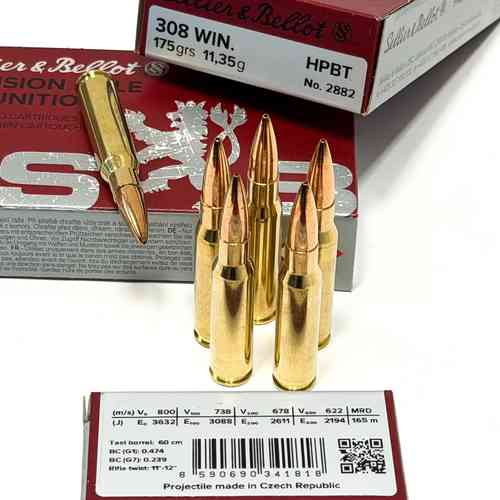 Die Sellier & Bellot S&B .308 Win. 11,35g - 175gr HPBT Büchsenpatronen bieten hohe Präzision und Zuverlässigkeit für dein nächstes Schießabenteuer. 20 Stück pro Packung!